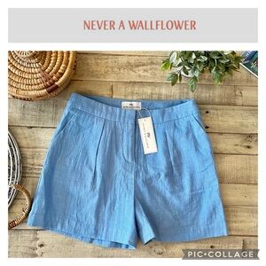 NEW NEVER A WALLFLOWER PLEATED HIGH WAISTED 4” SHORTS BLUE LINEN @80% OFF RETAIL